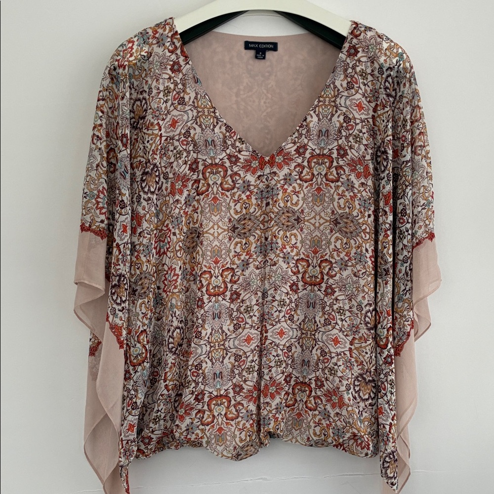 Max Edition Multicolor Neutrals V-Neck Poncho Bohemian Blouse Small